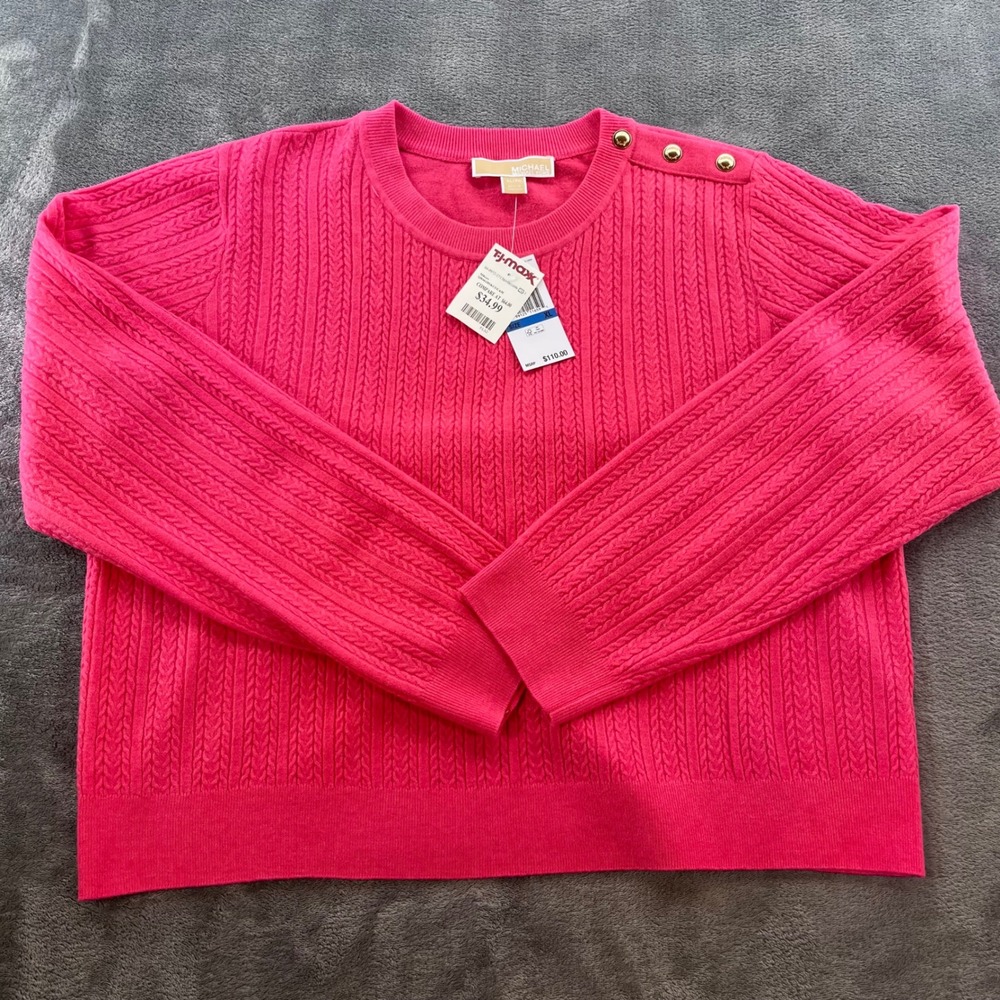 NWT Michael Michael Kors Pink Cable Knit Shoulder Button Sweater Camelia Rose XL